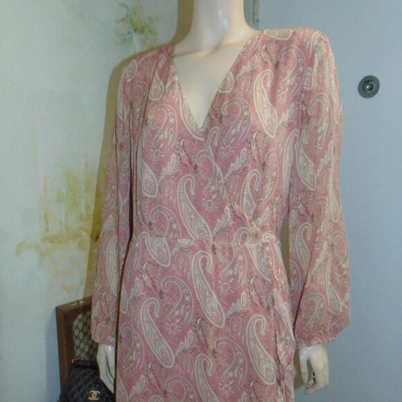 Sanderson of London X Paige Silk Palazzo Midi Wrap Dress Lipstick Pink Large L - Picture 2 of 14
